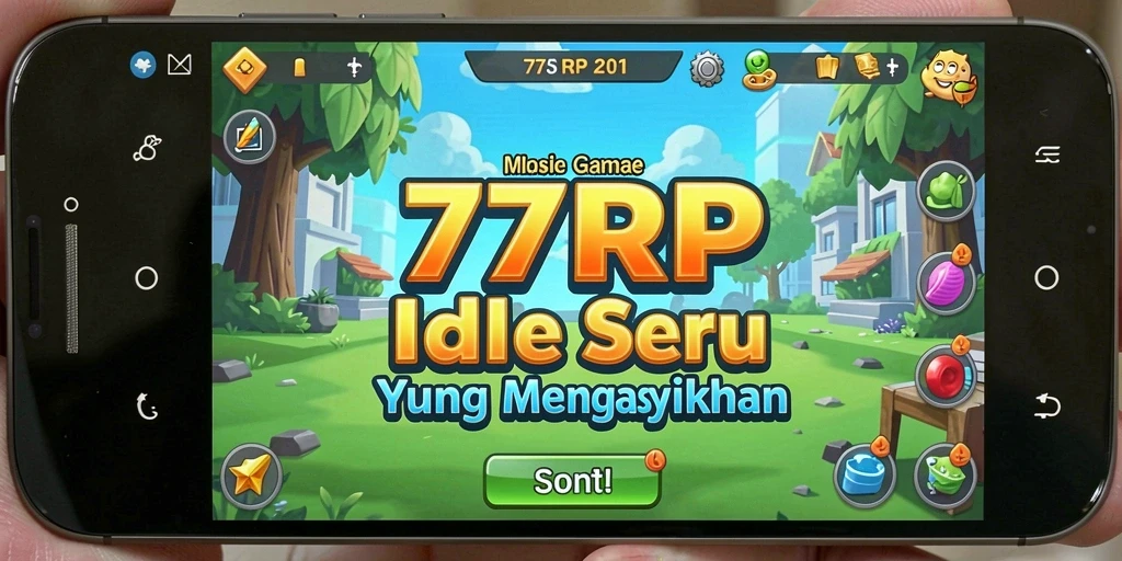 Screenshot utama 77RP menampilkan karakter dan aktivitas dalam gameplay Idle yang menarik.