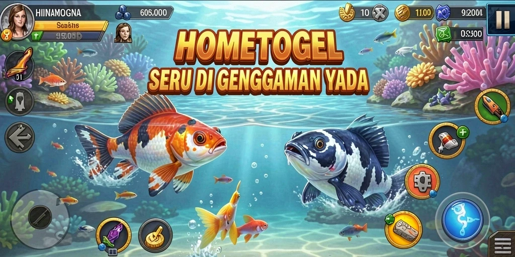 Screenshot gameplay HOMETOGEL yang menunjukkan momen menangkap ikan dengan antusias.