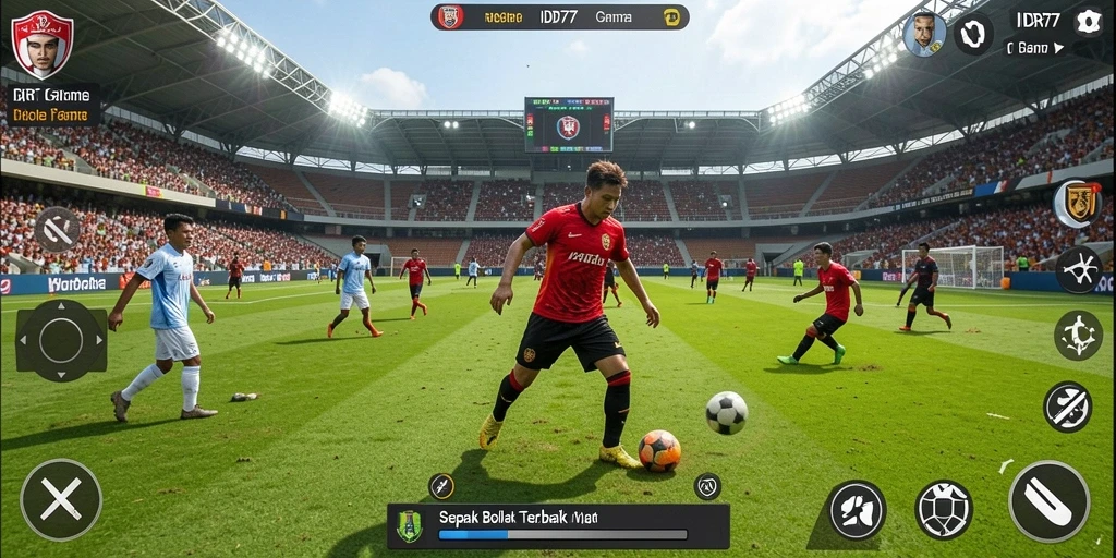 Tangkapan layar gameplay IDR77 menampilkan aksi seru di lapangan sepak bola.