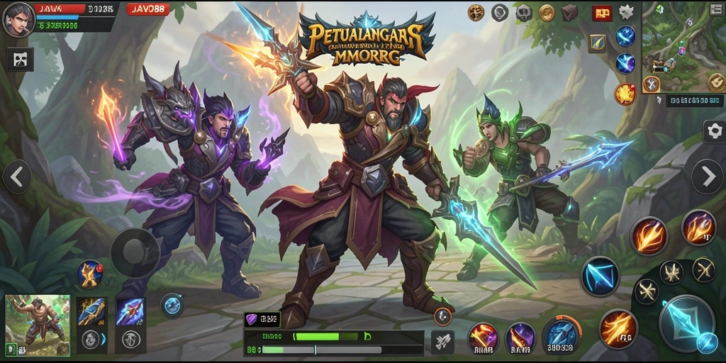 Screenshot menunjukkan pertarungan epik dan dunia luas dalam JAVO88.
