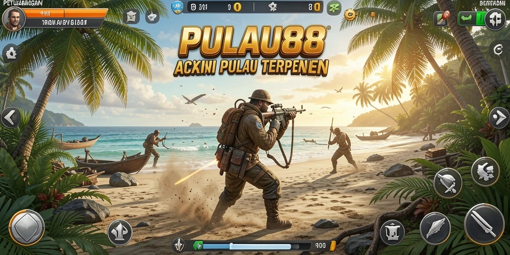 Screenshot PULAU88 menampilkan adegan aksi mendebarkan di pulau misterius.