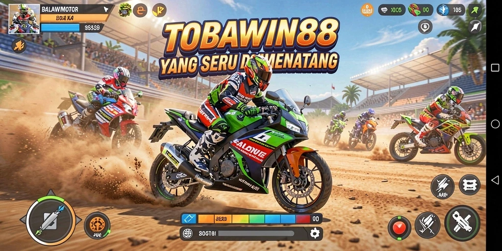 Tangkapan layar gameplay TOBAWIN88 menampilkan balapan motor yang seru dan mendebarkan.