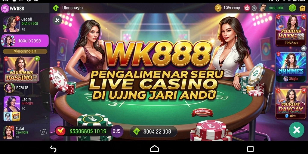 Tangkapan layar WK888 menampilkan dealer langsung dan suasana permainan yang menggembirakan.
